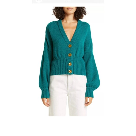 Farm Rio Cardigan Emerald Green Bubble Knit L NEW Button V Neck Long Sleeve - Picture 12 of 16